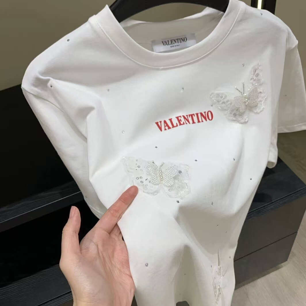 3D Butterfly Embellished Diamond-Encrusted T-Shirt