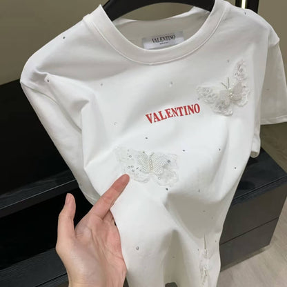 3D Butterfly Embellished Diamond-Encrusted T-Shirt