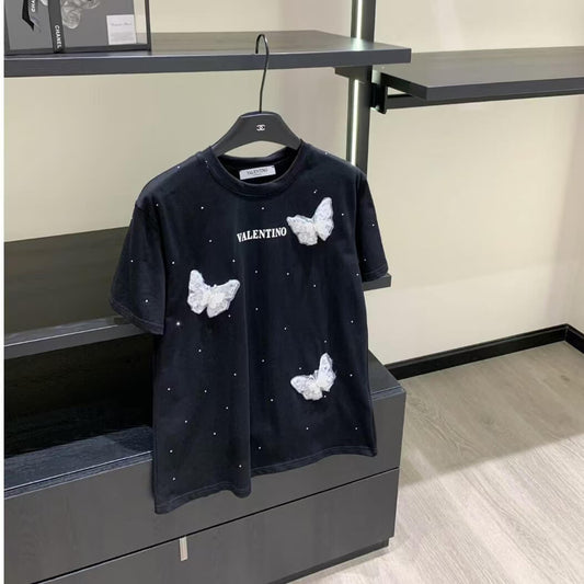 3D Butterfly Embellished Diamond-Encrusted T-Shirt
