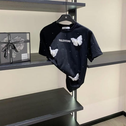 3D Butterfly Embellished Diamond-Encrusted T-Shirt