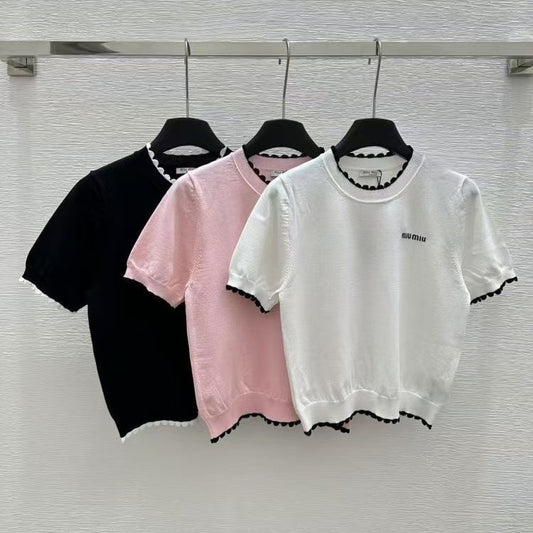 Color-Block Small Lace Knitted Short Sleeve