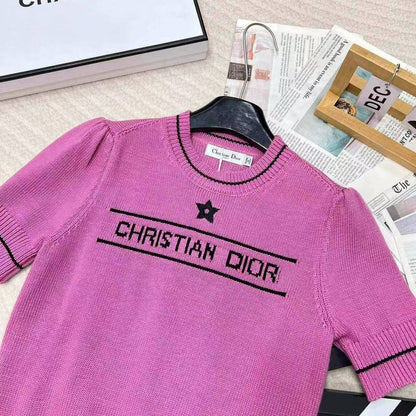 Star and Letter Embroidered Knitted Short Sleeve
