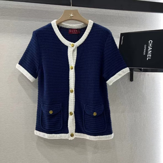 Elegant Navy Blue Buttoned Knit Short Sleeve