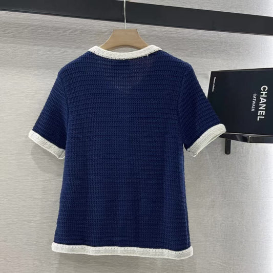 Elegant Navy Blue Buttoned Knit Short Sleeve