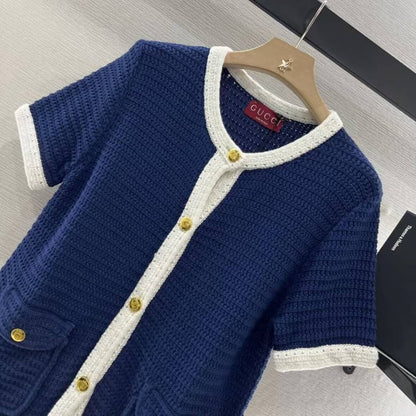 Elegant Navy Blue Buttoned Knit Short Sleeve