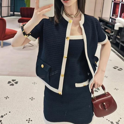 Elegant Navy Blue Buttoned Knit Short Sleeve