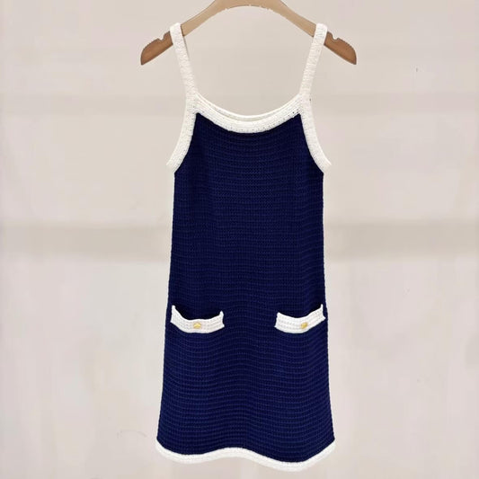 Elegant Navy Blue Knit Camisole Dress
