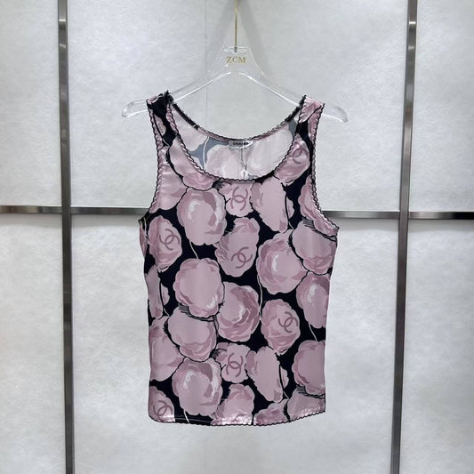 Camellia Print Lace Trim Vest