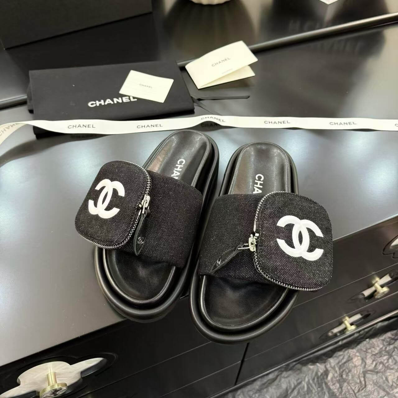 Zippered Pocket Black Denim Fabric Sandals