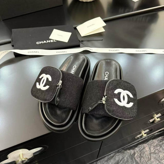 Zippered Pocket Black Denim Fabric Sandals