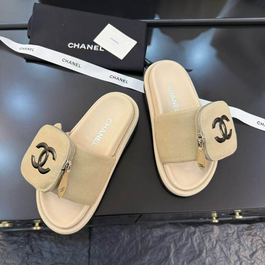 Zippered Pocket Beige Denim Fabric Sandals