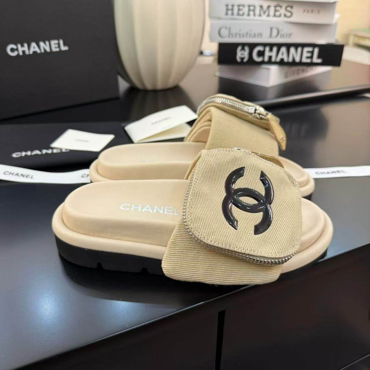 Zippered Pocket Beige Denim Fabric Sandals