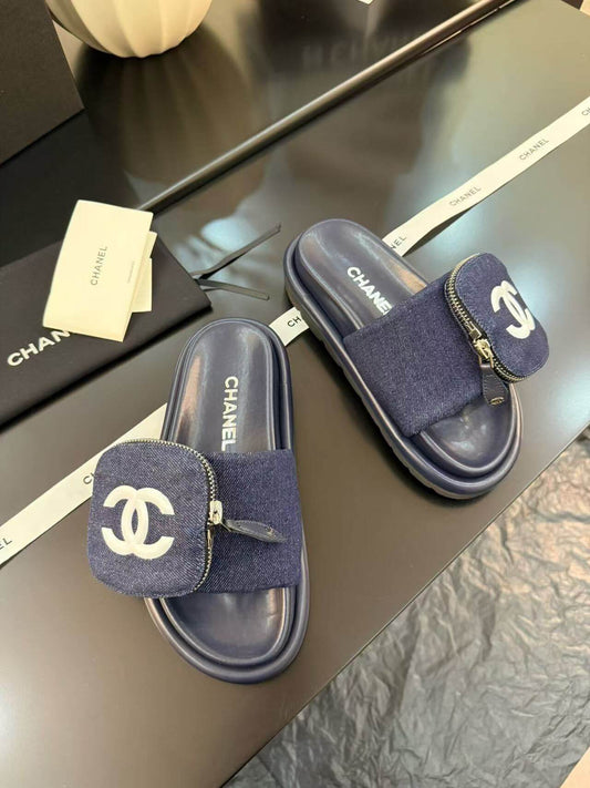 Zippered Pocket Blue Denim Fabric Sandals