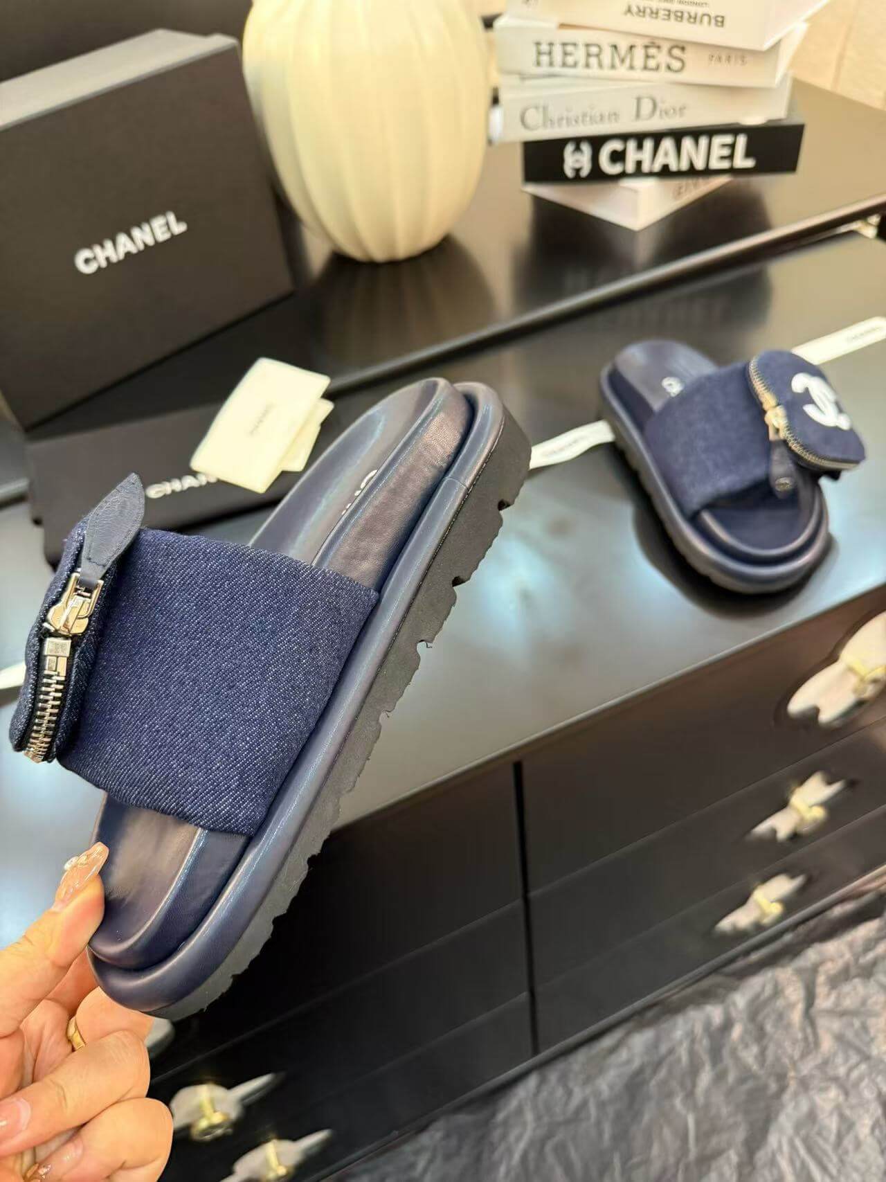 Zippered Pocket Blue Denim Fabric Sandals