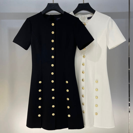 Triple Row Metal Button Short Sleeve Dress