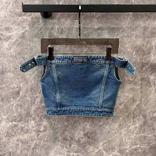 One-Shoulder Cropped Denim Top