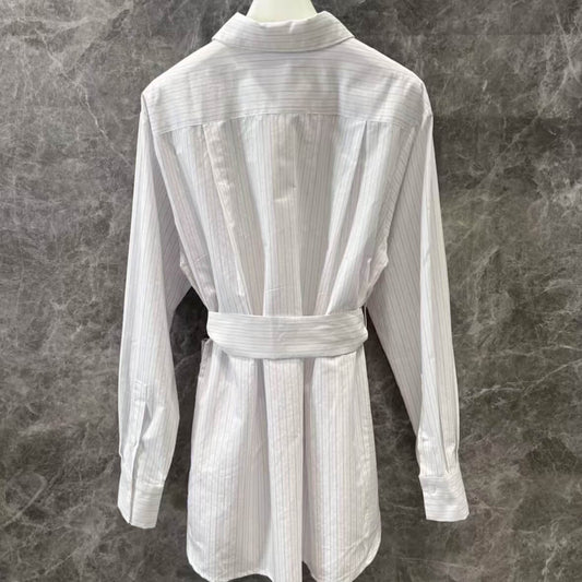 Minimalist Classic Striped Belted Shirt Dress