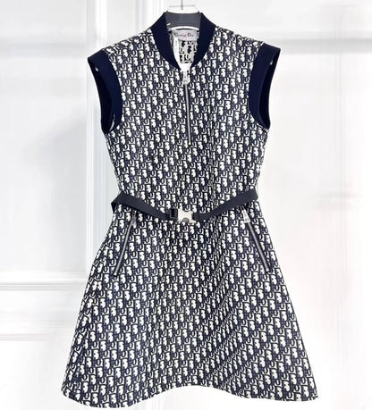 Ribbed Collar Monogram Sleeveless Dress