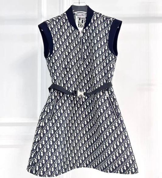Ribbed Collar Monogram Sleeveless Dress