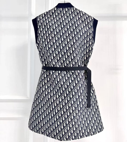 Ribbed Collar Monogram Sleeveless Dress