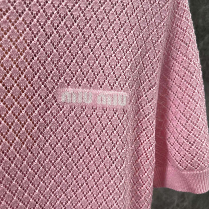 Pink Openwork Knit Short Sleeve Top