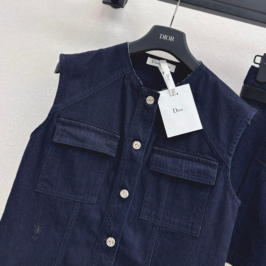 Oversized Denim Vest with Crew Neck