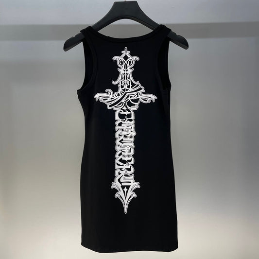 Classic Cross-Printed Sleeveless Dress