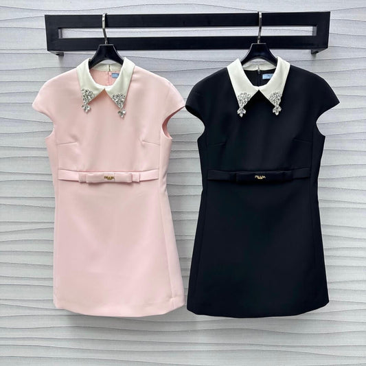 Elegant Collar Diamond-Embellished Bow Dress