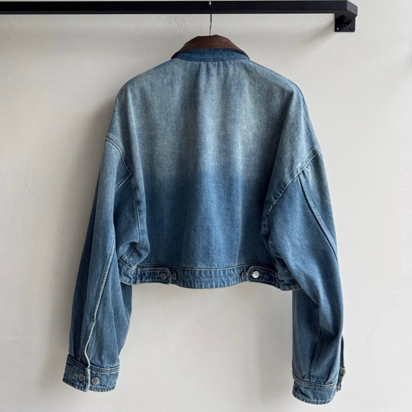 Trendy Leather-Trimmed Denim Cropped Jacket