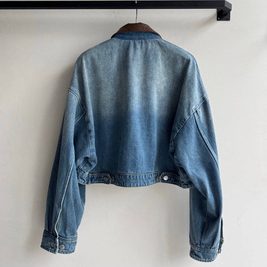 Trendy Leather-Trimmed Denim Cropped Jacket