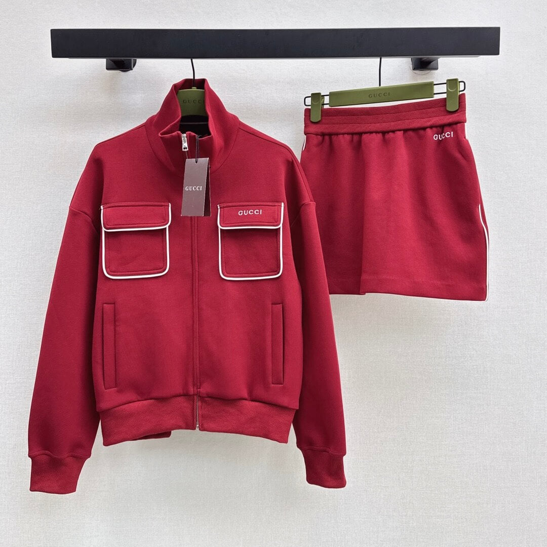 Angora Red Stand-Collar Hoodie & Skirt Set
