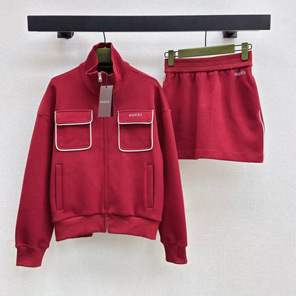 Angora Red Stand-Collar Hoodie & Skirt Set