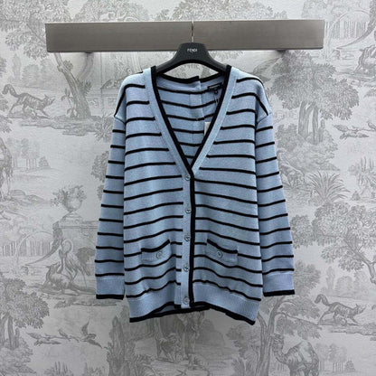 Color-Block Striped V-Neck Knit Cardigan