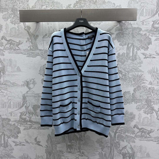 Color-Block Striped V-Neck Knit Cardigan