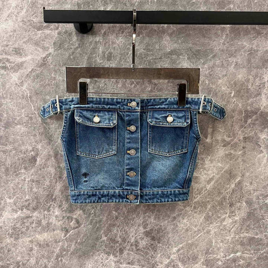 One-Shoulder Cropped Denim Top