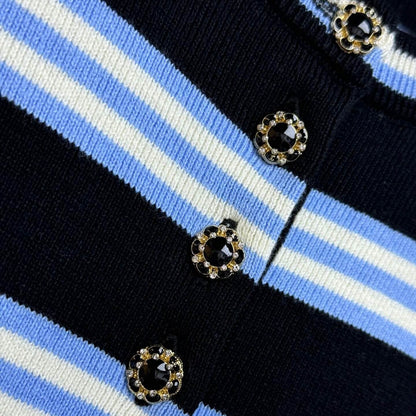 Deluxe Gem-Button Striped Short Sleeve