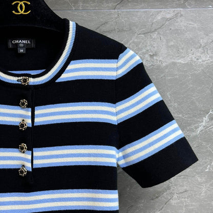 Deluxe Gem-Button Striped Short Sleeve