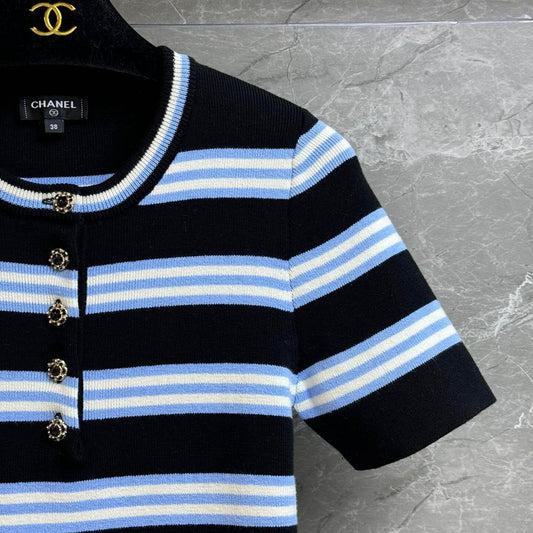 Deluxe Gem-Button Striped Short Sleeve