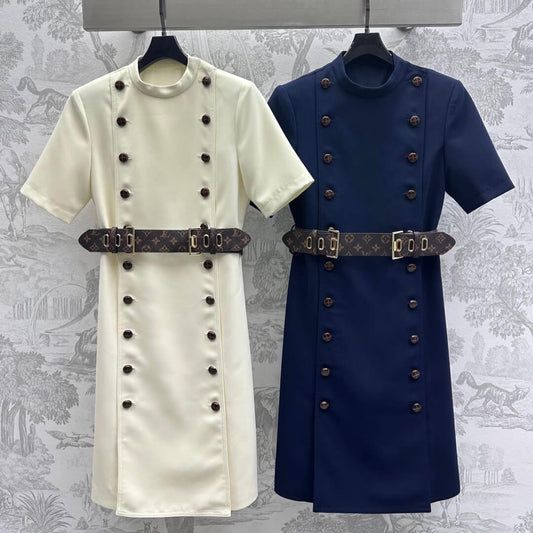 LOU Double-Buckle Belted Dress