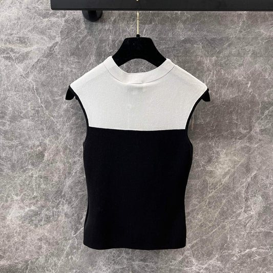Patchwork Semi-High Neck Knit Vest