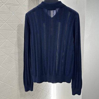 Minimalist Lapel-Design Openwork Knit Cardigan