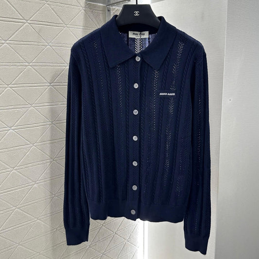 Minimalist Lapel-Design Openwork Knit Cardigan