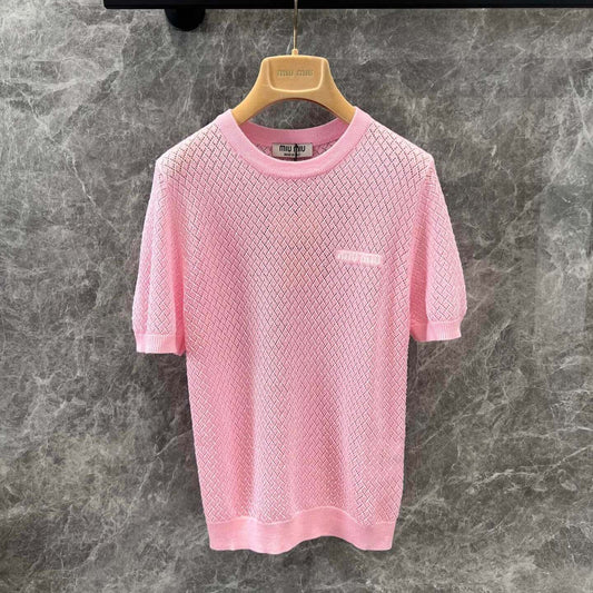 Pink Openwork Knit Short Sleeve Top