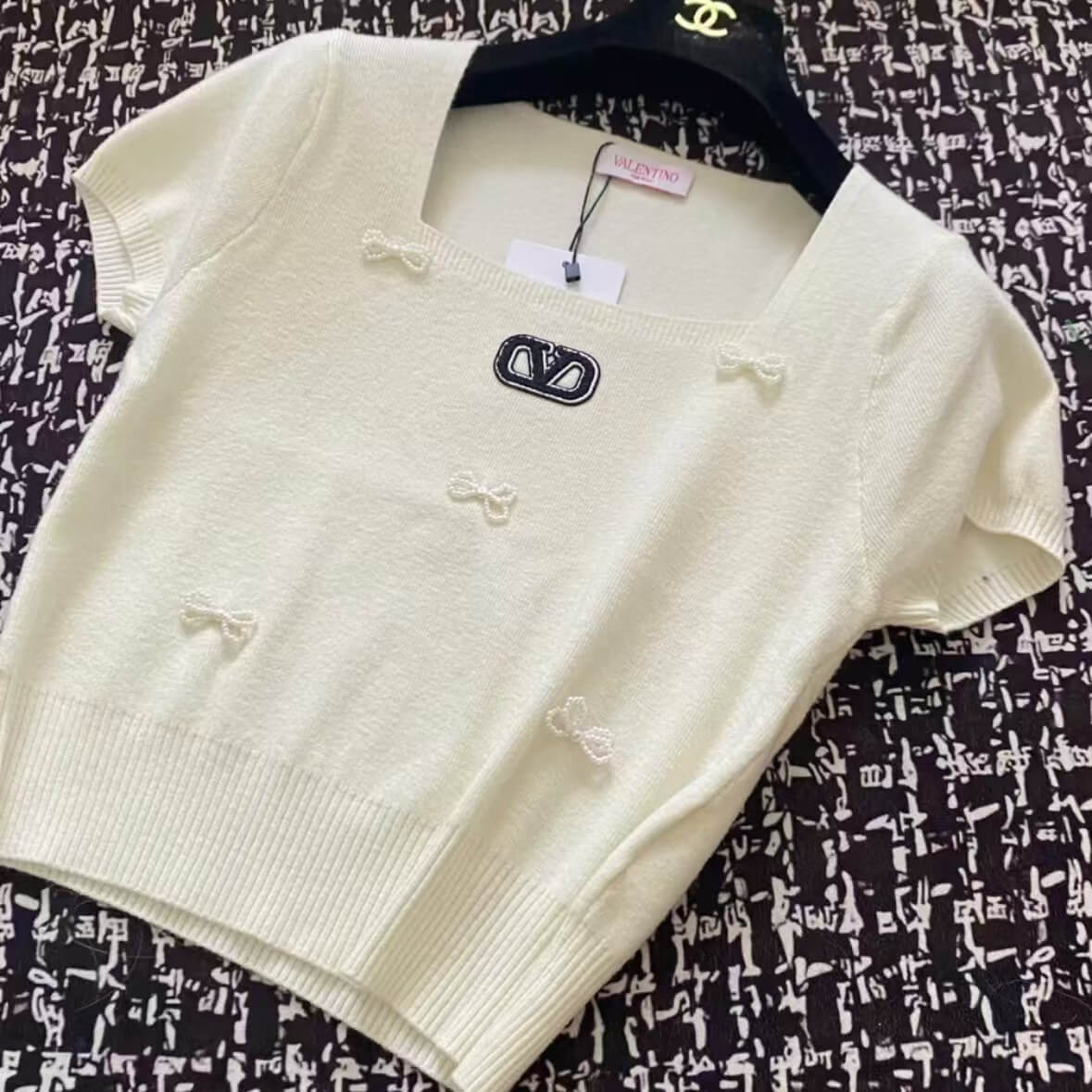 Beaded Bow Square-Neck Short Sleeve