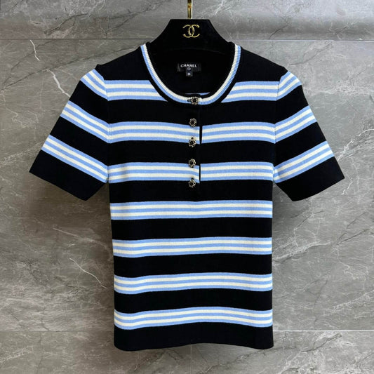 Deluxe Gem-Button Striped Short Sleeve