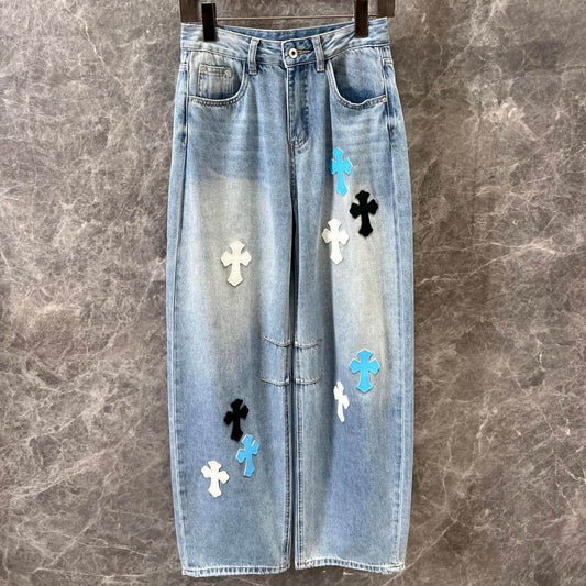 Cross Leather-Patch Washed Denim Jeans