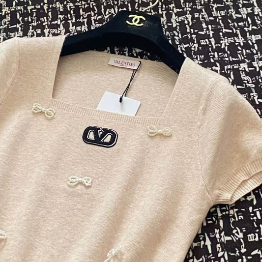 Beaded Bow Square-Neck Short Sleeve