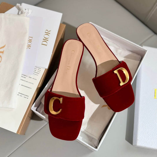 Metal Letter-Buckle Red Velvet Sandals