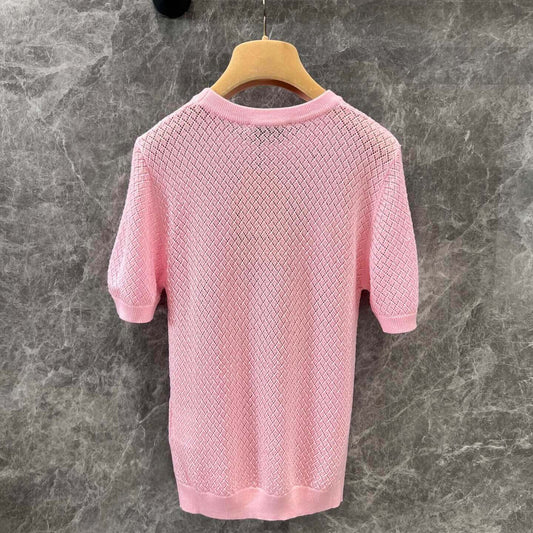 Pink Openwork Knit Short Sleeve Top