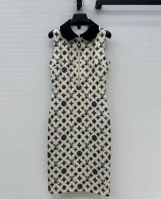 Classic All-Over Print Collar Vest Dress